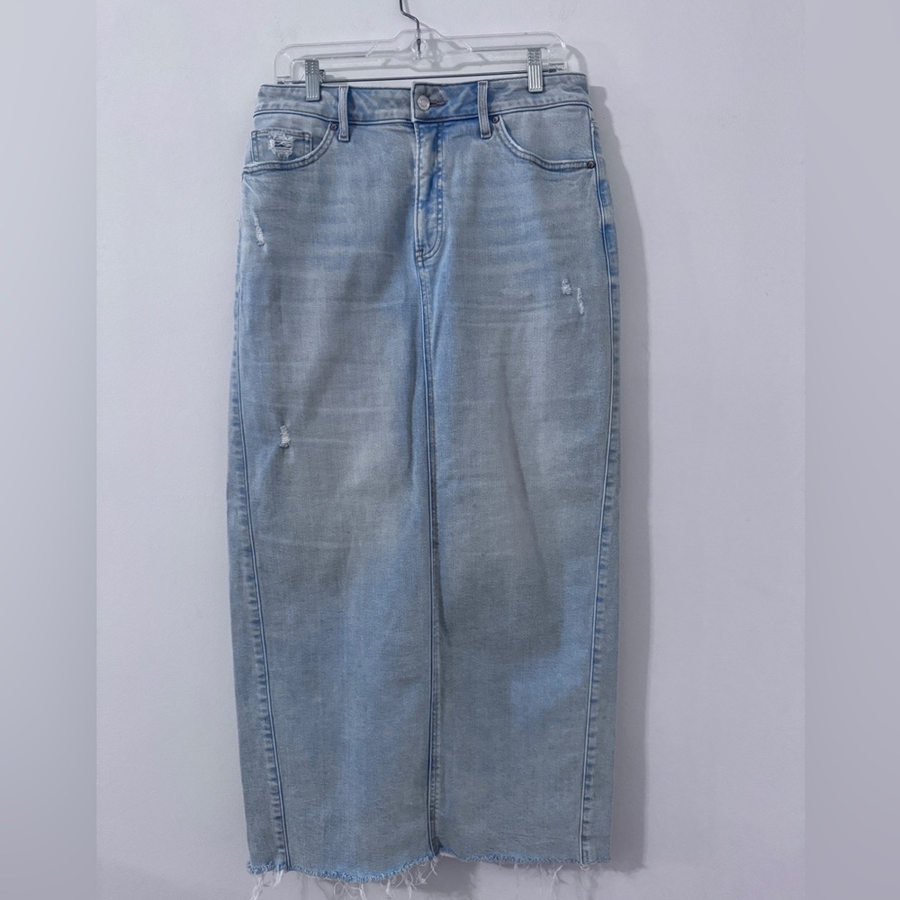 Express Light Blue Denim Maxi Skirt, High Rise Stretch